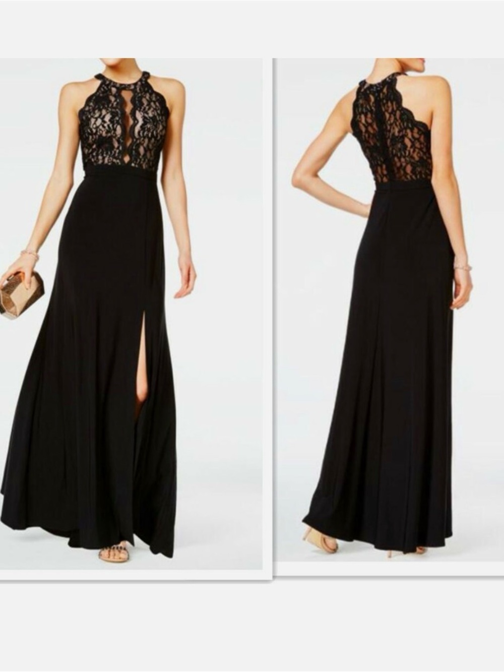 Morgan & Co. Black Lace Halter Maxi Dress with Thigh Slit